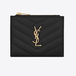 Auth SAINT LAURENT Trifold Compact Wallet Black/Gold Leather/Goldtone - e52985a